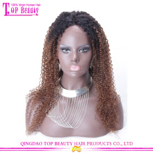 Qingdao top quality afro kinky encaracolado ombre cor peruca dianteira do laço 100% virgem brasileiro do cabelo peruca dianteira do laço